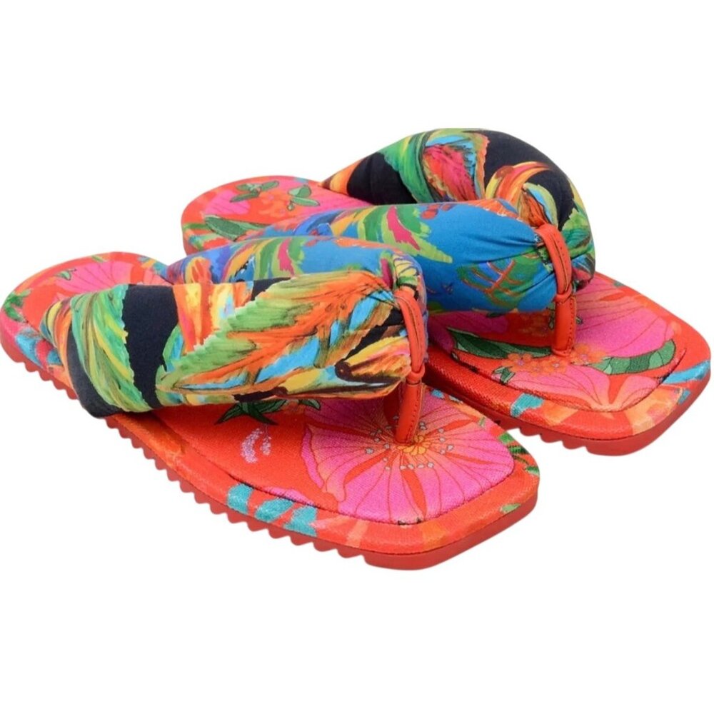 Farm Rio Multi Scarf Puffy Flip Flop Sandals Tropical Print Size 6 NEW